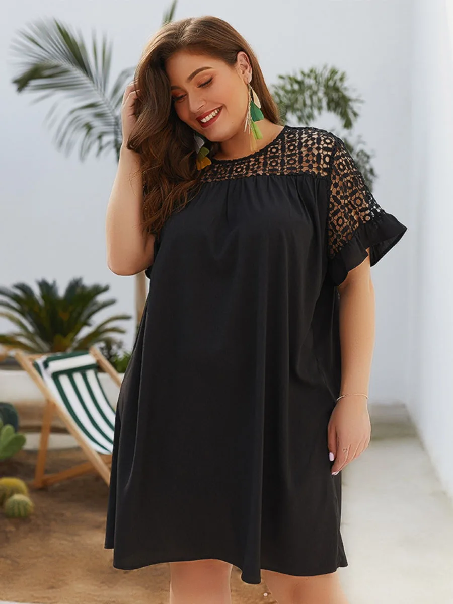 Summer Women's black dress Casual Plus Size Loose Short Sleeve Lace Hollowed sexy oversized ladies Short Dress
Summer Women's black dress Casual Plus Size Loose Short Sleeve Lace Hollowed sexy oversized ladies Short Dress