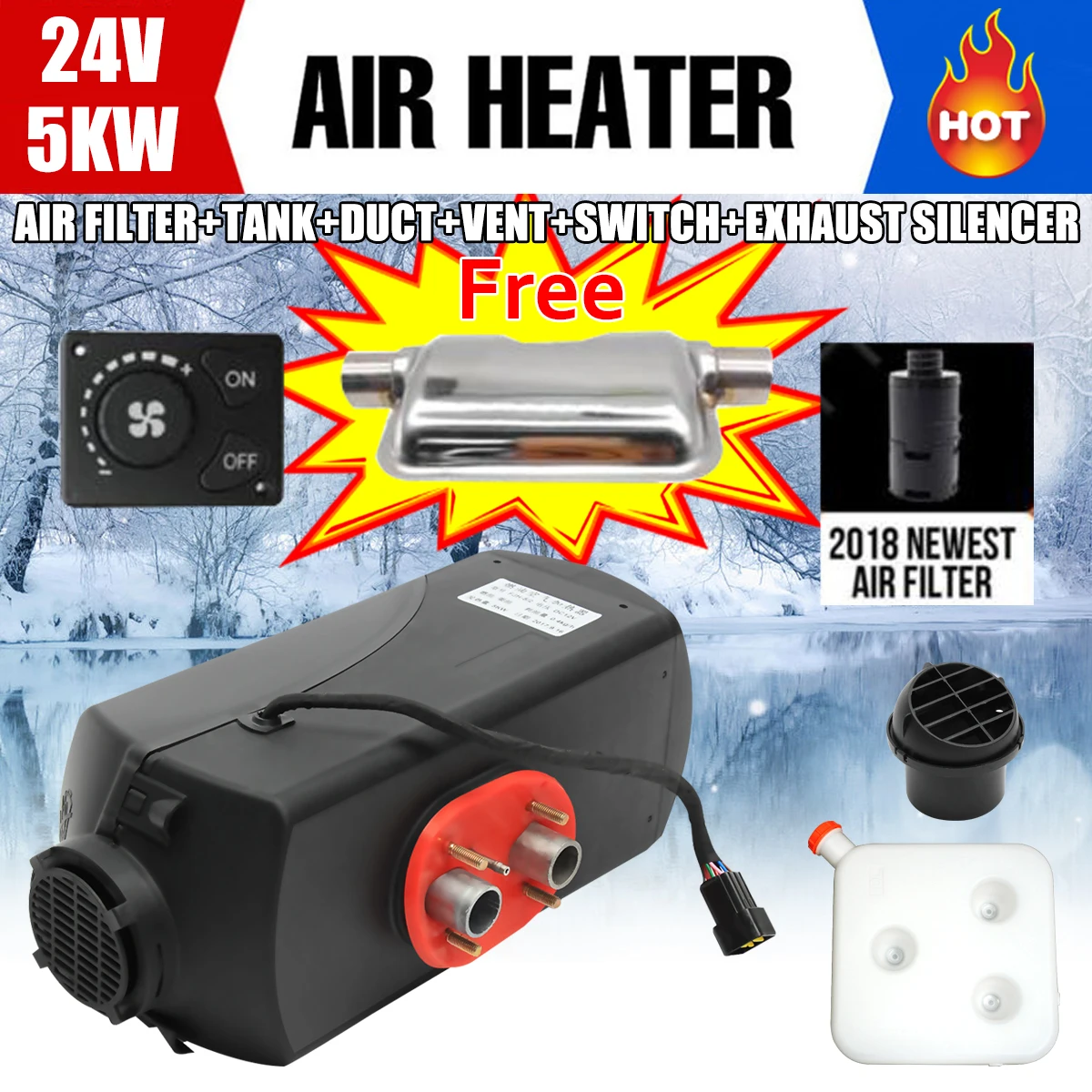 5KW 12V/24V Air diesels Fuel Heater Single Hole 5KW 10L Tank For Trucks Boats Bus Car Trailer Heater With Silencer Free
5KW 12V/24V Air diesels Fuel Heater Single Hole 5KW 10L Tank For Trucks Boats Bus Car Trailer Heater With Silencer Free