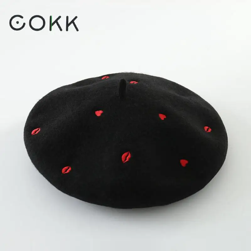 

COKK Autumn Winter Hats For Women Lady Wool Beret Embroidered Red Heart Lip Flat Cap Painter Hat Female Boina Soft Gorras Planas