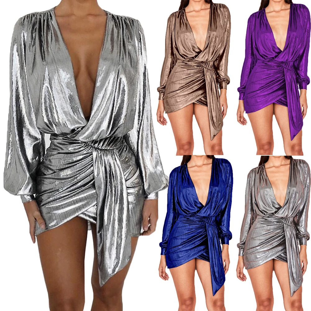 Sexy Silver Long Sleeve Mini Dress New Women Deep V Neck Ruched Night Out Clubwear Metallic Wrap Dress Asymmetrical Party Dress
Sexy Silver Long Sleeve Mini Dress New Women Deep V Neck Ruched Night Out Clubwear Metallic Wrap Dress Asymmetrical Party Dress