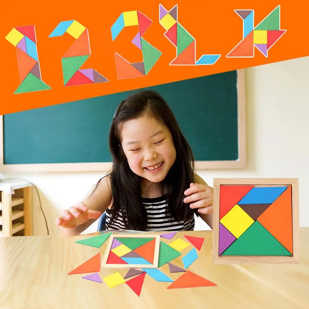 Wooden Tangram 7 Piece Jigsaw Puzzle Colorful Square IQ Game Brain Teaser Intelligent Educational Toys for Kids Dropshipping | Игрушки и
