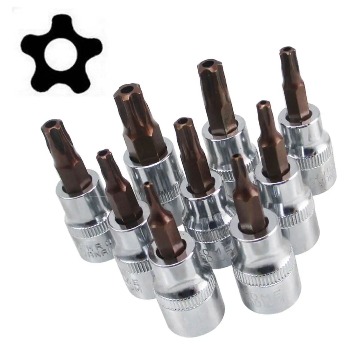 9Pcs 3/8'' Drive 5 Point Star Torx Socket Bit Screwdriver T10 - T50 Hexagonal Socket Hand Repair Tools Set
9Pcs 3/8'' Drive 5 Point Star Torx Socket Bit Screwdriver T10 - T50 Hexagonal Socket Hand Repair Tools Set