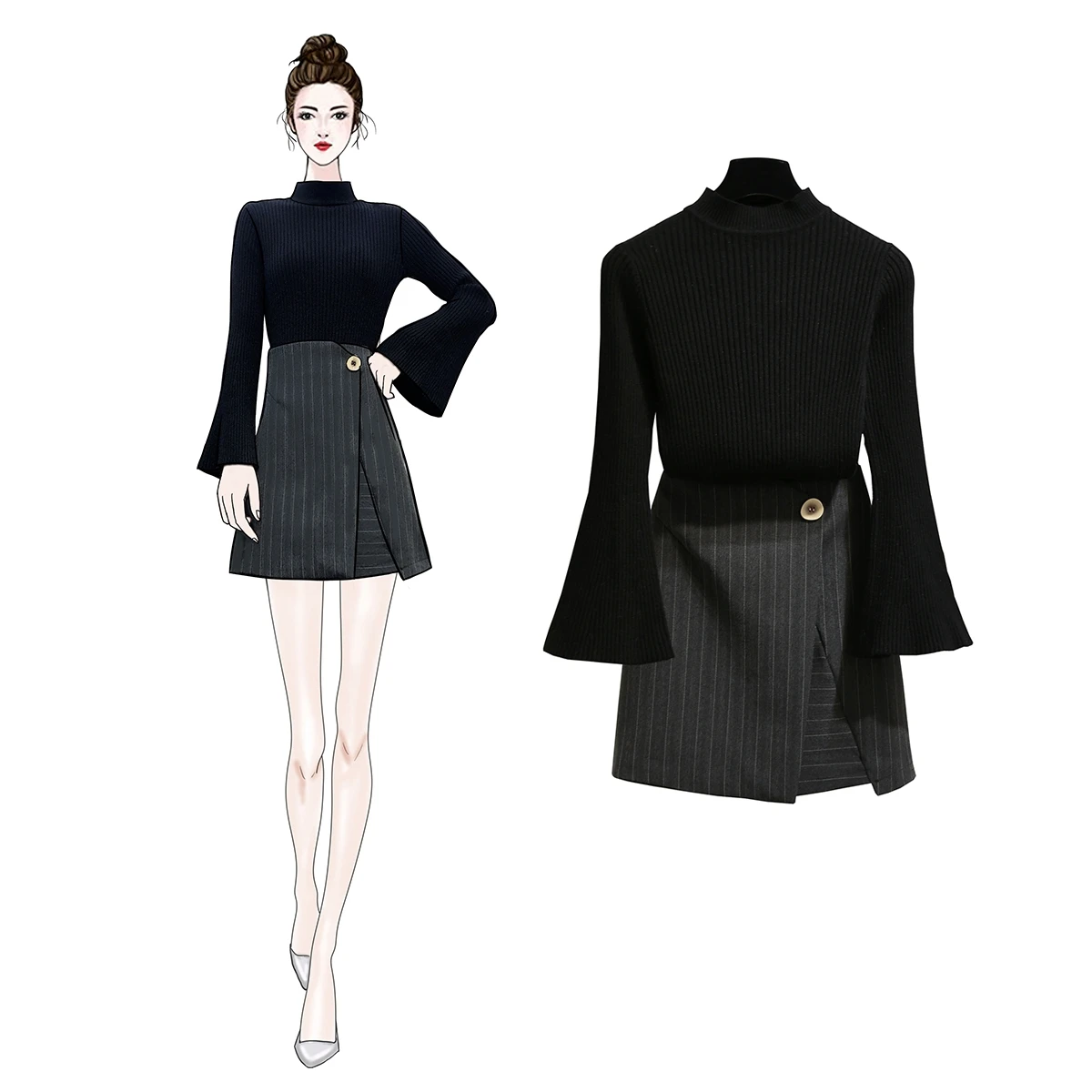 2019 Spring horn sleeve knit irregularly split stripes bust skirt of tall waist skirts black top long sleeve knitwear vestido 
2019 Spring horn sleeve knit irregularly split stripes bust skirt of tall waist skirts black top long sleeve knitwear vestido