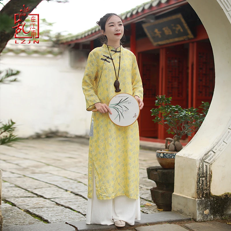 

LZJN 2019 Spring Autumn Floral Print Robe Traditional Chinese Women Dress Long Sleeve Oriental Dress Cheongsam Qipao