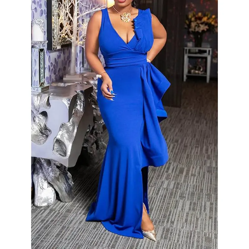 Evening Party Date Extra Long Royal Blue Skinny Dress African Women Host Ruffle Falbala Split Deep V Chic Bodycon Maxi Dresses
Evening Party Date Extra Long Royal Blue Skinny Dress African Women Host Ruffle Falbala Split Deep V Chic Bodycon Maxi Dresses
