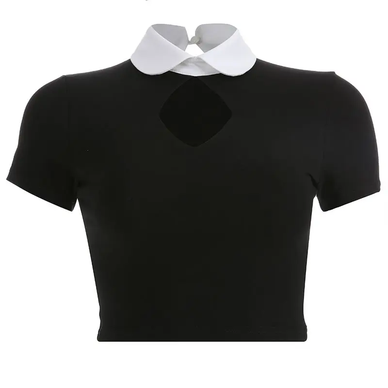 Women T-shirts Casual Office Lady Elegant Gothic Sexy Club Punk Slim Summer Black Peter Pan Collar Female Fashion Goth Tops
Women T-shirts Casual Office Lady Elegant Gothic Sexy Club Punk Slim Summer Black Peter Pan Collar Female Fashion Goth Tops