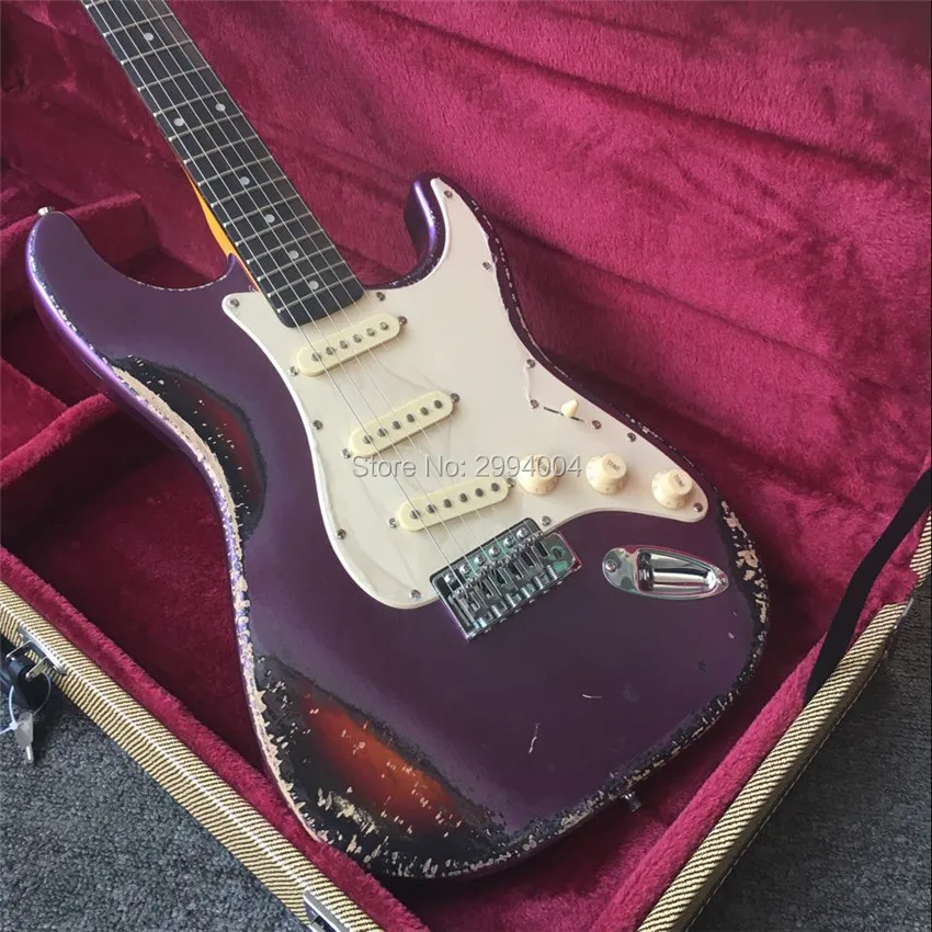 

In stock, inventory antique do old electric guitar. Metal purple, antique relic guitars, real photos, sss pick-up