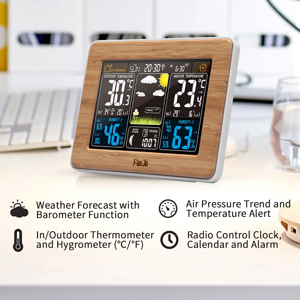 FanJu FJ3365 Weather Station Color Forecast with Alert Temperature Humidity Barometer Alarm Moon Phase
FanJu FJ3365 Weather Station Color Forecast with Alert Temperature Humidity Barometer Alarm Moon Phase