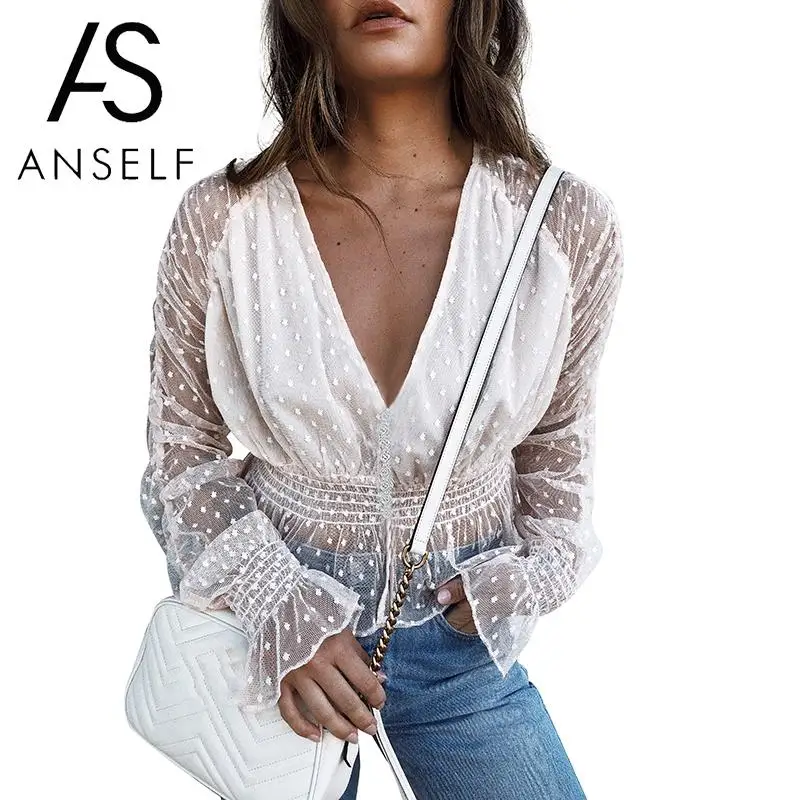 Anself Women summer Tunic Blouses Sheer Mesh Polka Dot Deep V Neckline Transparent Top Puff Sleeve Low High Irregular Sexy Tops
Anself Women summer Tunic Blouses Sheer Mesh Polka Dot Deep V Neckline Transparent Top Puff Sleeve Low High Irregular Sexy Tops