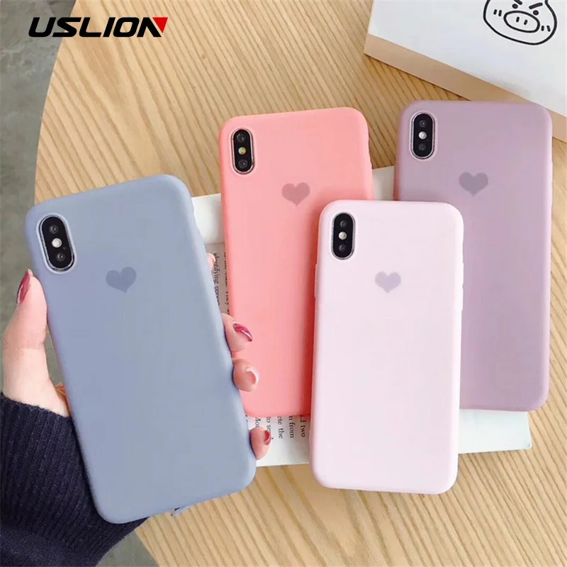 USLION Candy Color Love Heart Pattern Phone Case For iPhone X XS XR Xs Max Soft TPU Silicone Cover 6 6s 7 8 Plus |