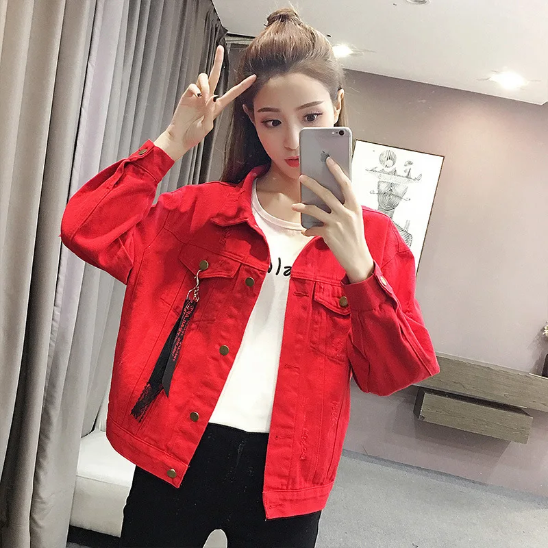2019 Spring Autumn Korean BF Wind Loose jeans Coat Women Red Denim Hole Jacket Long Sleeve Streetwear short coat
2019 Spring Autumn Korean BF Wind Loose jeans Coat Women Red Denim Hole Jacket Long Sleeve Streetwear short coat