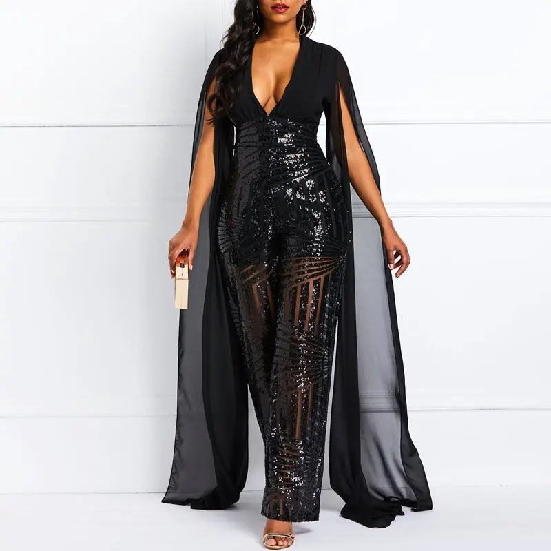 Sequins Sexy Jumpsuit Women Elegant Deep V Backless Rompers Evening Spring Fashion Mesh Sleeve Design Party Wide Leg Jumpsuits
Sequins Sexy Jumpsuit Women Elegant Deep V Backless Rompers Evening Spring Fashion Mesh Sleeve Design Party Wide Leg Jumpsuits
