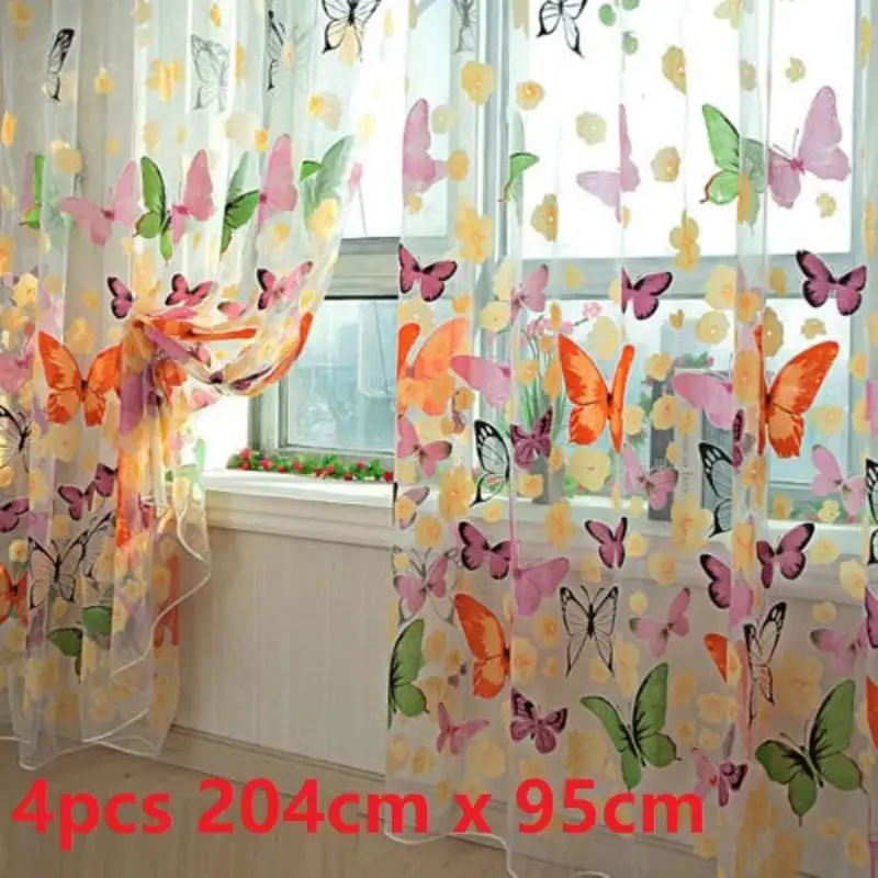 

4x Floral Butterfly Sheer Curtains Sheers Voile Tulle Window Curtain 204 X 95cm