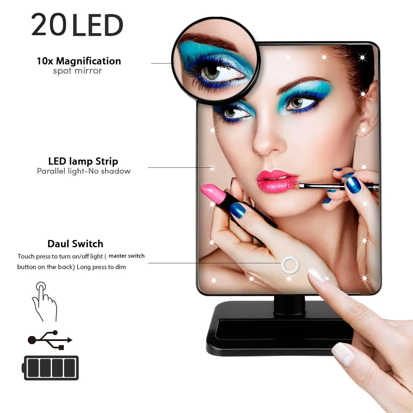 20 LED Lighted Vanity Mirror Touch Screen Battery Powered with Magnification Spot Mirror Tabletop Cosmetic Mirror
20 LED Lighted Vanity Mirror Touch Screen Battery Powered with Magnification Spot Mirror Tabletop Cosmetic Mirror