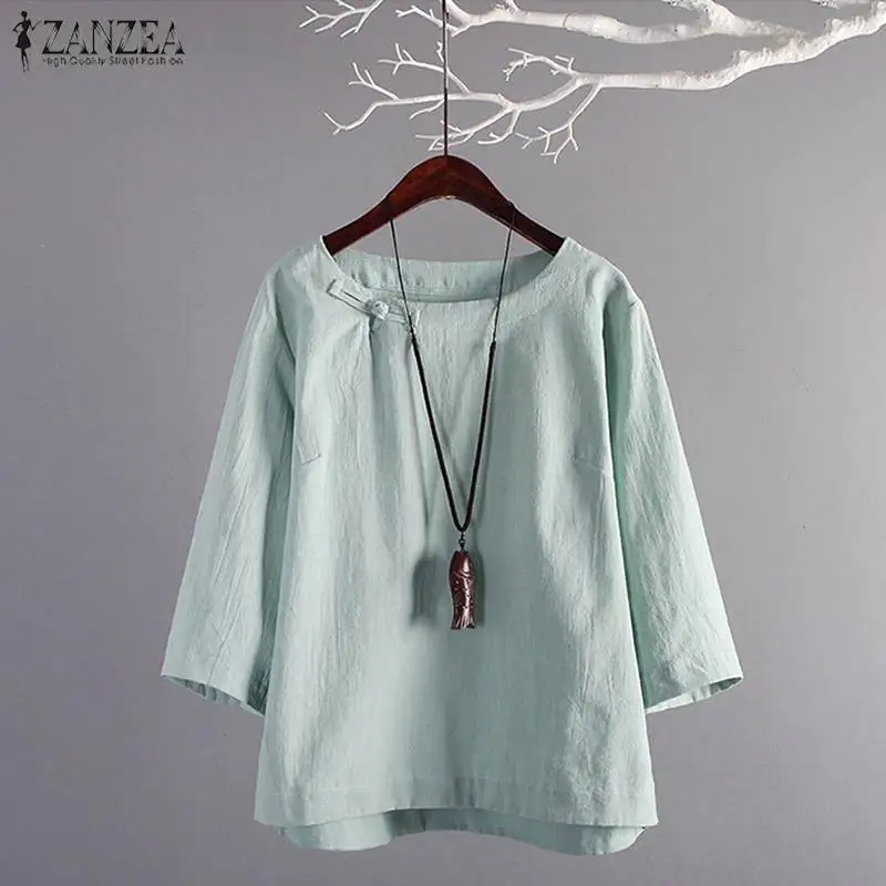 2021 ZANZEA Summer Women Vintage 3/4 Sleeve Solid Blouse Cotton Linen Shirt Female Casual Work Blusas Tunic Top Femininas | Женская