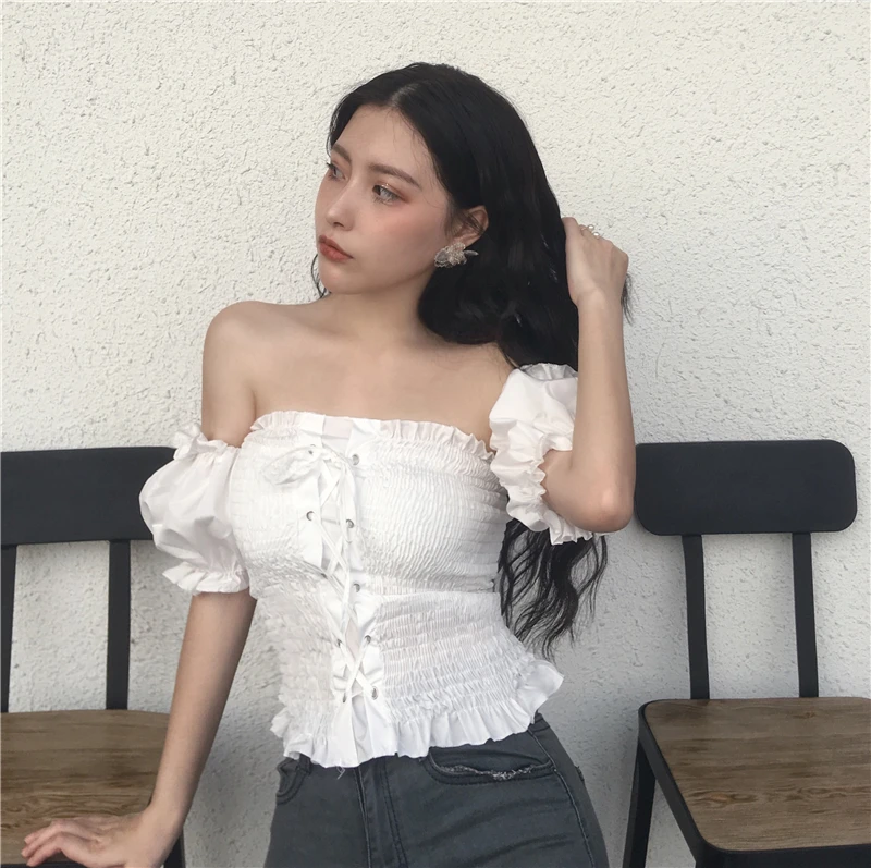 New summer Women's Clothing fashion temperament thin ruffles sexy slash neck shoulder short Chest tie Elastic stretch blouse top 
New summer Women's Clothing fashion temperament thin ruffles sexy slash neck shoulder short Chest tie Elastic stretch blouse top