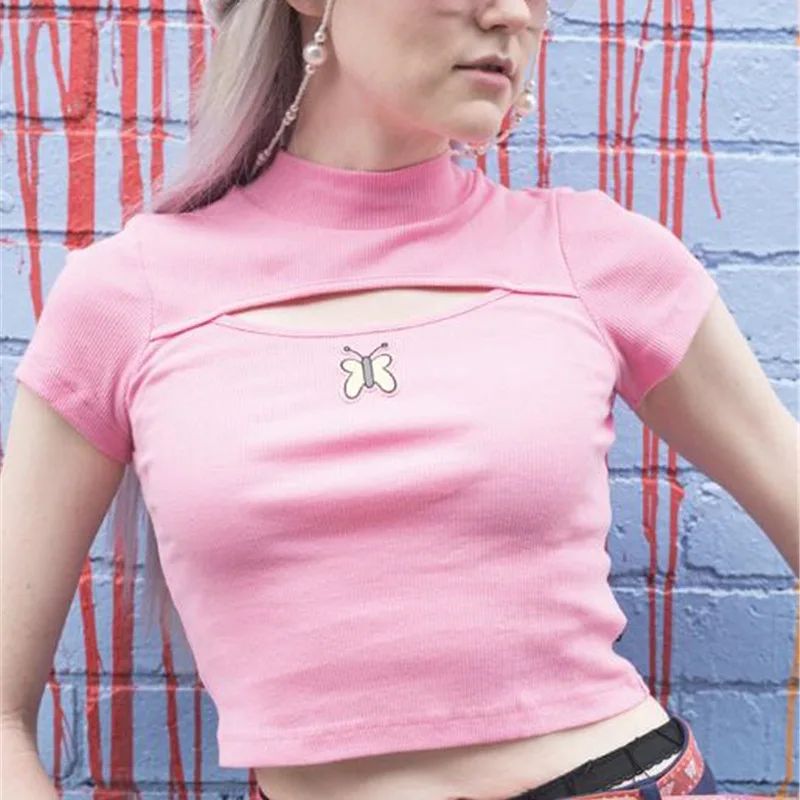 Fashion Butterfly Embroidery Pink Girl Tops Half High Lead Short Sleeve High Waist Short Slim Knitting Summer T-shirts
Fashion Butterfly Embroidery Pink Girl Tops Half High Lead Short Sleeve High Waist Short Slim Knitting Summer T-shirts