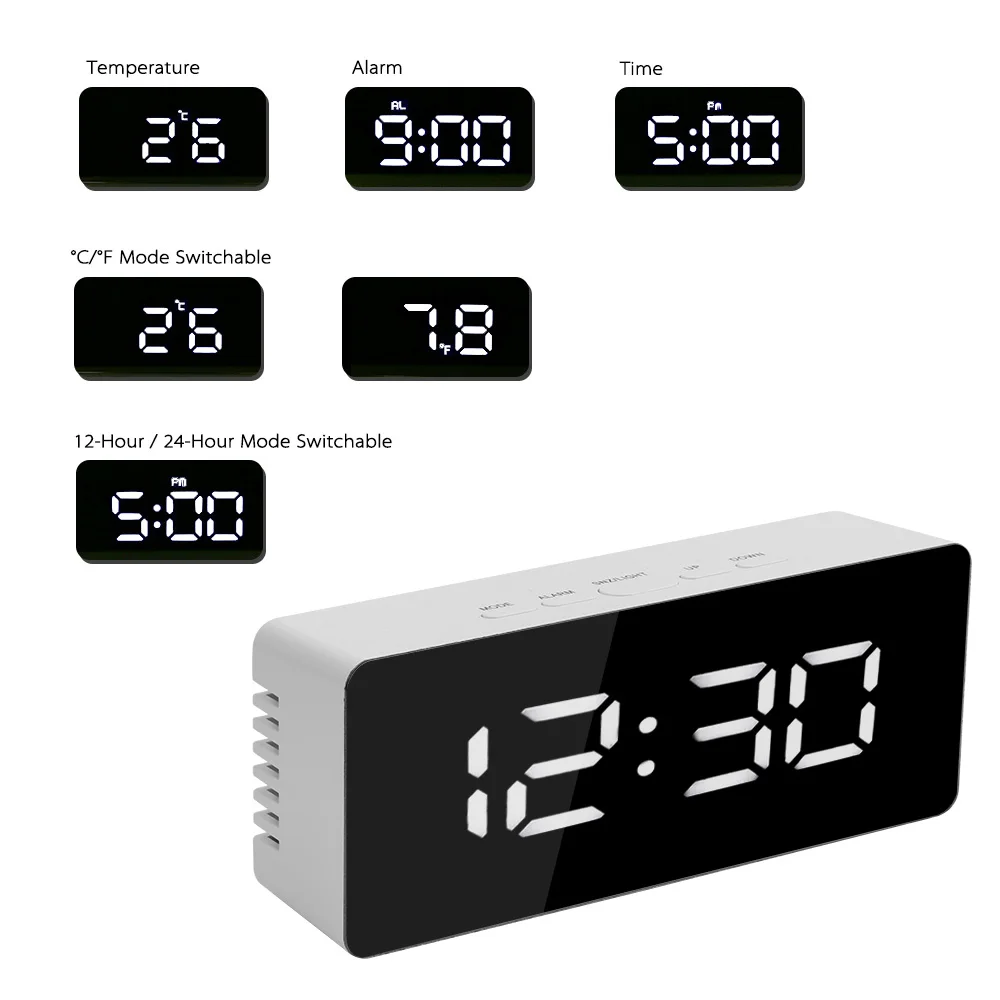 

Table Alarm Clocks Digital LED Display Desktop Clock Thermometer Mirror Clock with Snooze Function USB & Battery Operated
