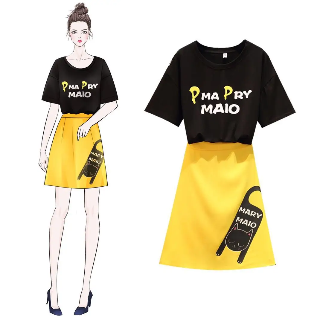 Women Suits Plus Size Cotton Elastic Black Letter Top Yellow Cat Cute Skrits festival Women Suit Summer Set Two Piece
Women Suits Plus Size Cotton Elastic Black Letter Top Yellow Cat Cute Skrits festival Women Suit Summer Set Two Piece