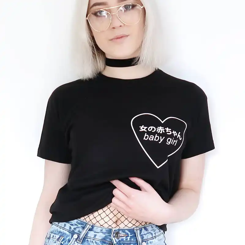 Baby Girl Heart Japanese T Shirt Women Pocket T shirt Summer