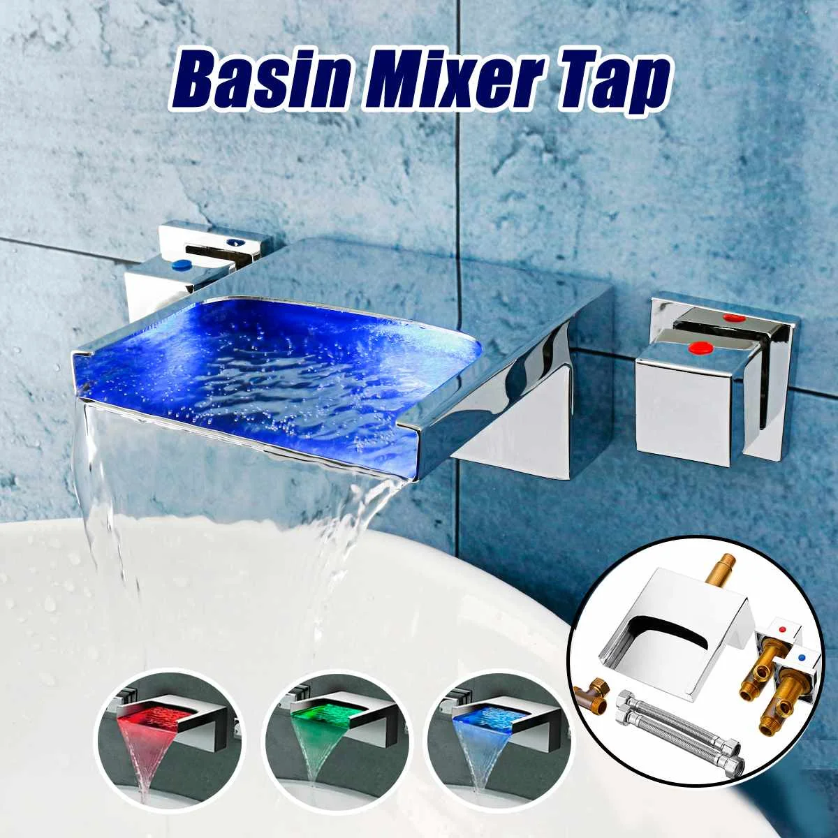 

Xueqin LED 3 Color Changing Waterfall Dual Handles Bathroom Bath Basin Faucet Mixer Hot And Cold Shower Water Tap Wall Mounted