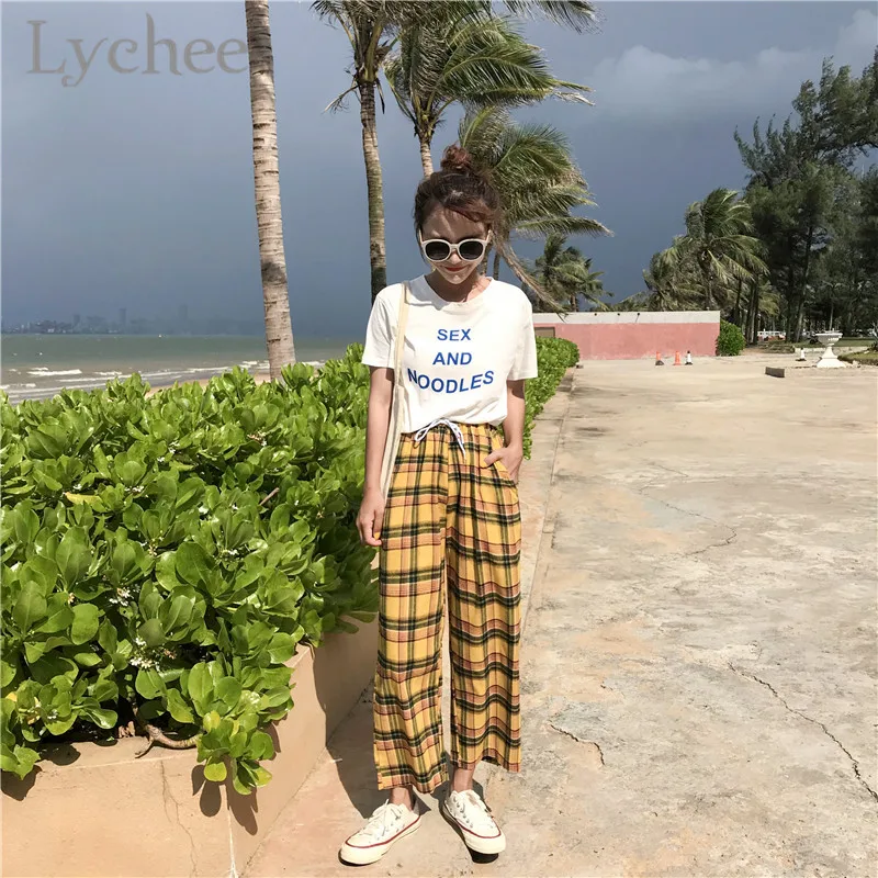 Lychee Trendy Hit Color Plaid Lace Up Women Pants Trousers Color Block Elastic Waist Yellow Ankle-Length Female Trousers Pants
Lychee Trendy Hit Color Plaid Lace Up Women Pants Trousers Color Block Elastic Waist Yellow Ankle-Length Female Trousers Pants