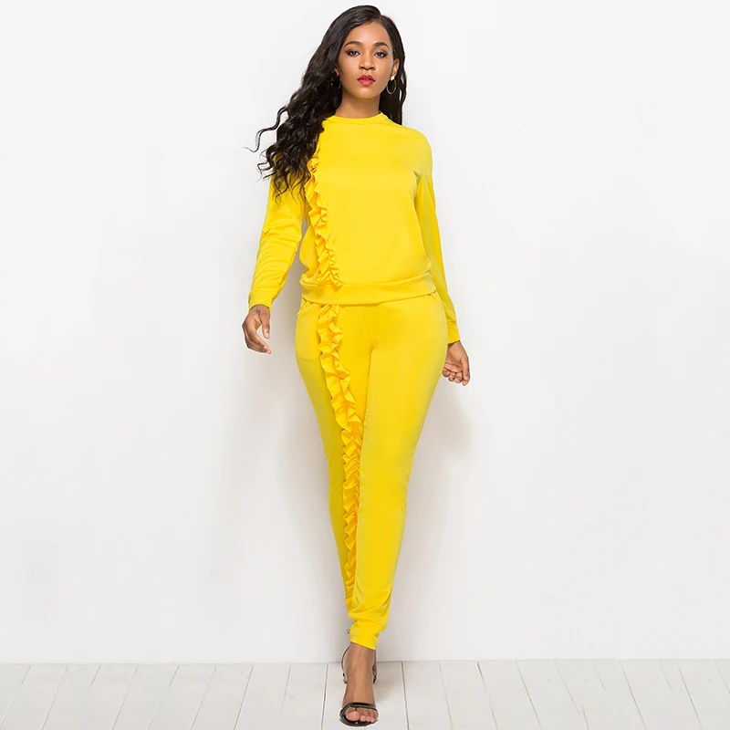 2019 Autumn New Solid Two Piece Sets Women Long Sleeve Round Neck Tops Trousers Ruffles Tracksuit Set 2 Piece Sets Ladies Suits
2019 Autumn New Solid Two Piece Sets Women Long Sleeve Round Neck Tops Trousers Ruffles Tracksuit Set 2 Piece Sets Ladies Suits