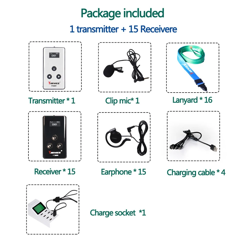 YARMEE Wireless Tour Guide system 1 Transmitter + 15 Receiver for Tour Guiding Simultaneous Interpretation System
YARMEE Wireless Tour Guide system 1 Transmitter + 15 Receiver for Tour Guiding Simultaneous Interpretation System