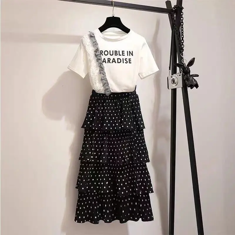 2019 Summer Women Set Short Sleeve Mesh Splicing Letter Cotton T Shirt + Polka Dot Layer Cake Skirt Suit Two Piece Set
2019 Summer Women Set Short Sleeve Mesh Splicing Letter Cotton T Shirt + Polka Dot Layer Cake Skirt Suit Two Piece Set