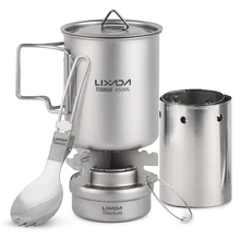 5 pièces en plein air Camping batterie de cuisine ensemble 750ml Pot alcool poêle support avec Spork pliable et pare-brise(China)