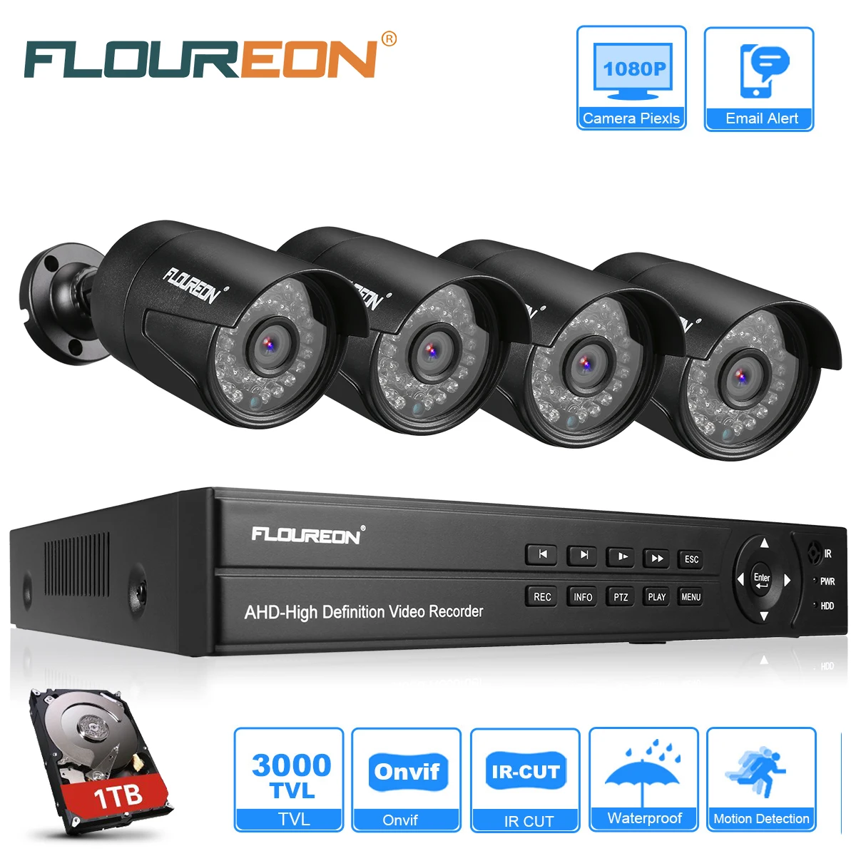 Floureon 8CH CCTV DVR Kit 4PCS 3000TVL Outdoor Waterproof Cameras 1TB HDD 1080P Video Surveillance Security System Cam NVR Set
Floureon 8CH CCTV DVR Kit 4PCS 3000TVL Outdoor Waterproof Cameras 1TB HDD 1080P Video Surveillance Security System Cam NVR Set