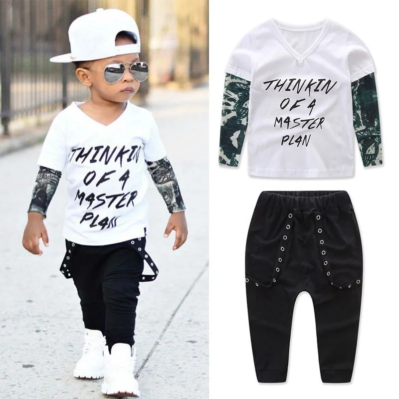 Baby Toddler Boys Clothing Tattoo Sleeve T shirt Outfit Set thinkin of a master plan slogan 2 piece set Clothes
Baby Toddler Boys Clothing Tattoo Sleeve T shirt Outfit Set thinkin of a master plan slogan 2 piece set Clothes