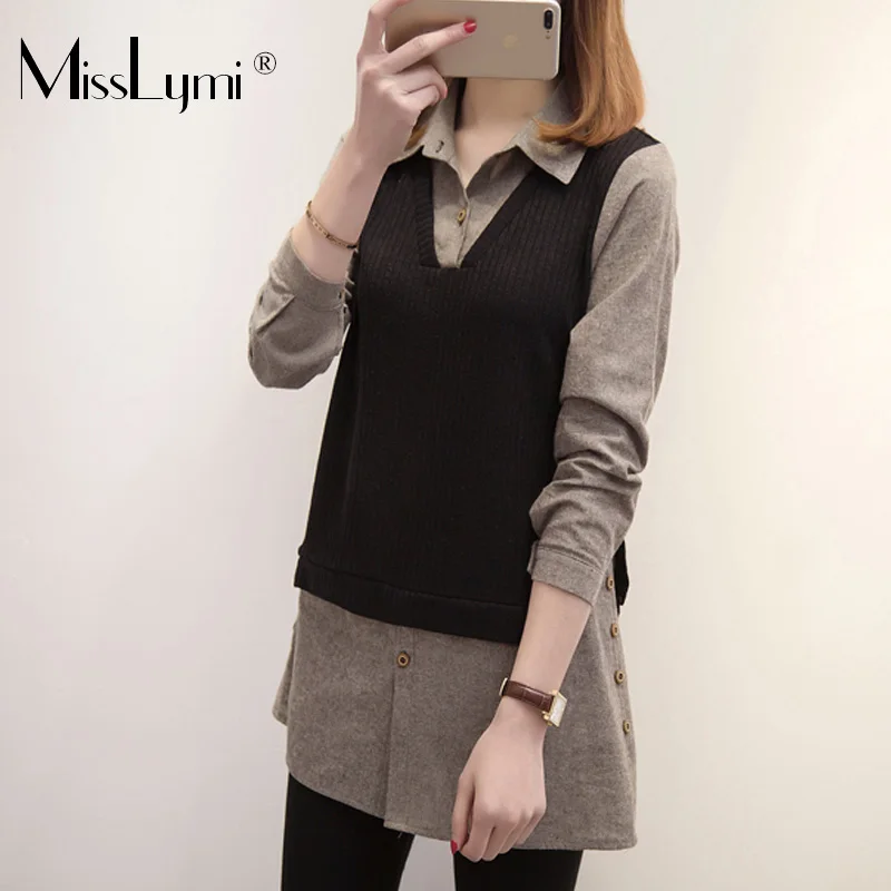 XL-5XL Plus Size Women Shirts 2019 Spring Turn-down Collar Cotton Long Sleeve Shirt Patchwork Knitted Vest Fake Two Piece Tops
XL-5XL Plus Size Women Shirts 2019 Spring Turn-down Collar Cotton Long Sleeve Shirt Patchwork Knitted Vest Fake Two Piece Tops