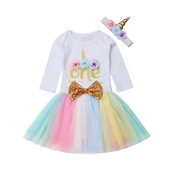 

0-24M Newborn Kid Baby Girls 1st Birthday Cotton Romper Bow Rainbow Tulle Skirt Unicorn Headband 3Pcs Set Baby Clothes Outfits