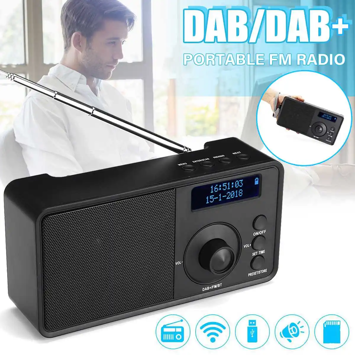 Portable Digital DAB DAB FM Radio Player Receiver Handheld bluetooth Speaker Mini Music Stereo Radio Audio AUX LCD Alarm Clock
Portable Digital DAB DAB FM Radio Player Receiver Handheld bluetooth Speaker Mini Music Stereo Radio Audio AUX LCD Alarm Clock
