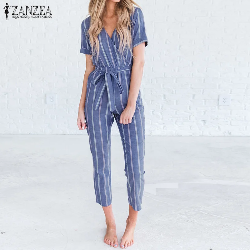 2019 ZANZEA Women Summer V Neck Short Sleeve Striped Jumpsuits Cotton Linen Rompers Casual Elegant Office Bow Tie Long Overalls
2019 ZANZEA Women Summer V Neck Short Sleeve Striped Jumpsuits Cotton Linen Rompers Casual Elegant Office Bow Tie Long Overalls