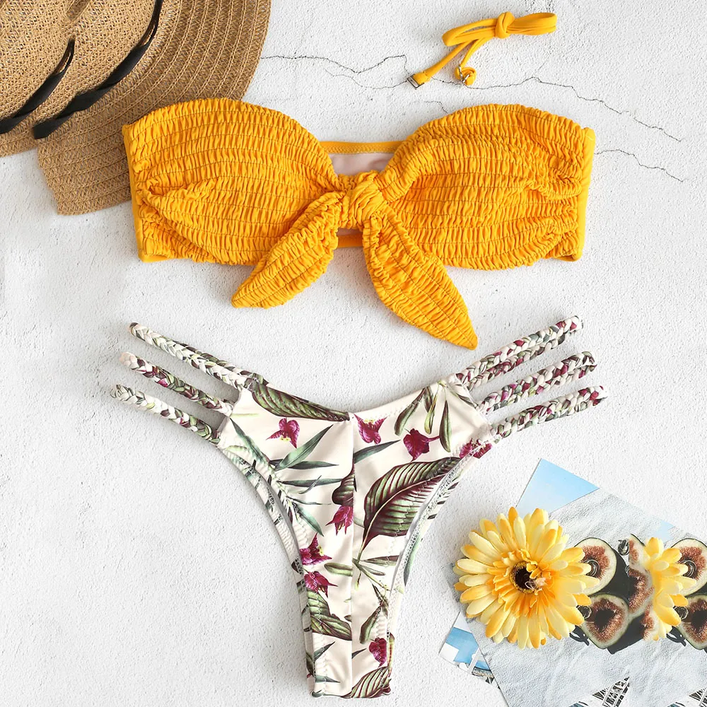 ZAFUL Knot Shirred Leaf Print Braided Bikini Set Strappy Halter Bandeau Bikini Low Waist Swimwear Women Bikinis 2019 Mujer
ZAFUL Knot Shirred Leaf Print Braided Bikini Set Strappy Halter Bandeau Bikini Low Waist Swimwear Women Bikinis 2019 Mujer