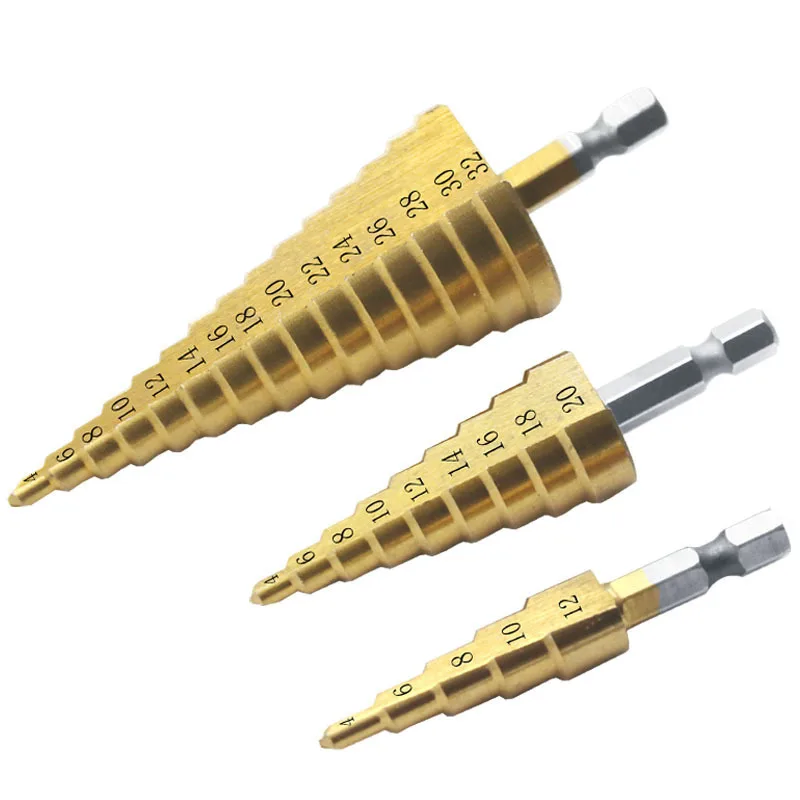 Hss Step Cone Taper Drill Bit Set Hole Cutter Metric 4-12/20/32mm 1/4" Titanium Coated Metal Hex Stepped Drill Bits
Hss Step Cone Taper Drill Bit Set Hole Cutter Metric 4-12/20/32mm 1/4" Titanium Coated Metal Hex Stepped Drill Bits
