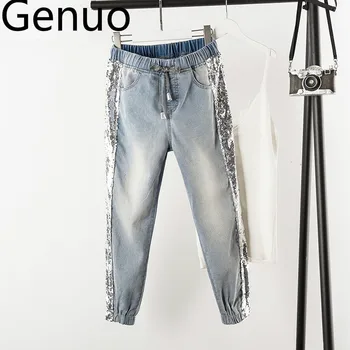 5xl Patchwork Sequined Jeans Women Washed Denim Trouser Jeans Female Elastic Waist Cargo Pants Side Striped Jeans
5xl Patchwork Sequined Jeans Women Washed Denim Trouser Jeans Female Elastic Waist Cargo Pants Side Striped Jeans