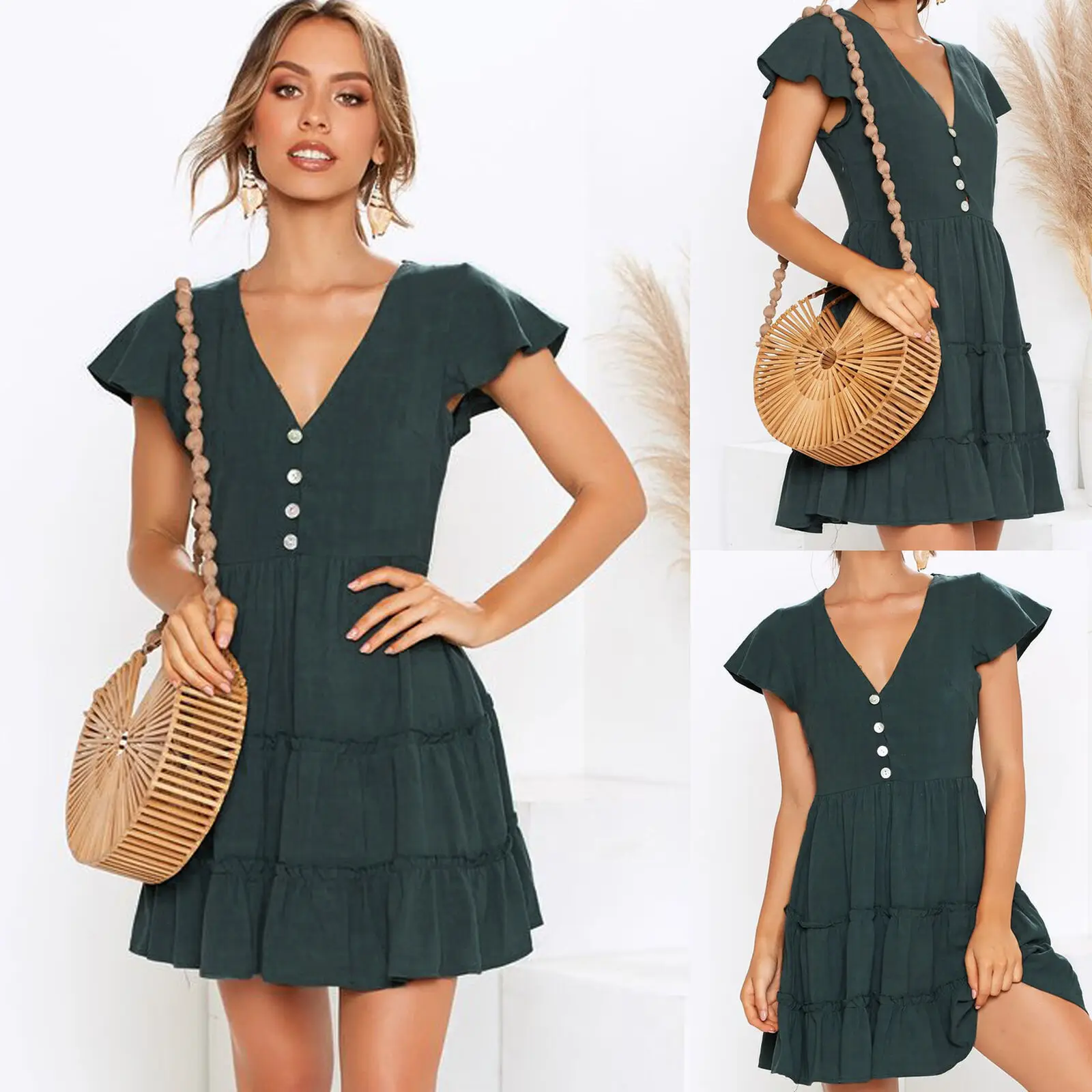Fashion Women Boho V-Neck Solid Evening Party Beach Short Mini Dress Sundress Summer Short Sleeve Holiday Dress
Fashion Women Boho V-Neck Solid Evening Party Beach Short Mini Dress Sundress Summer Short Sleeve Holiday Dress