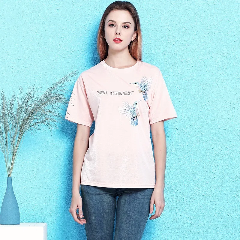 Ice silk short-sleeved T-shirt women summer new fashion loose bird print sequins t-shirt girl NW19B6080
Ice silk short-sleeved T-shirt women summer new fashion loose bird print sequins t-shirt girl NW19B6080