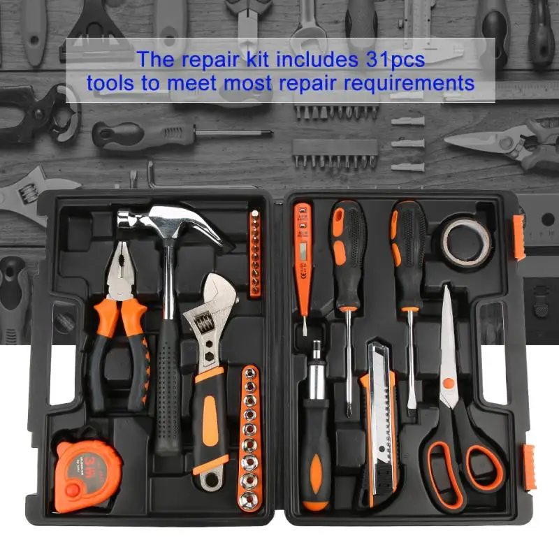 31Pcs Hand Tools Set Socket Wrench Tool Kit Screwdriver Knife Hammer Scissors Toolbox Professional Repairing Tool Set
31Pcs Hand Tools Set Socket Wrench Tool Kit Screwdriver Knife Hammer Scissors Toolbox Professional Repairing Tool Set