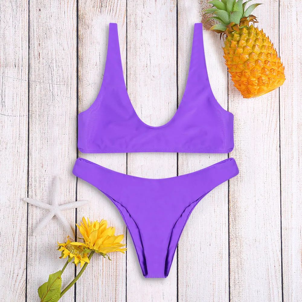 

Women Sexy Swimwear High Cut Scoop Neck Bikini Set Wire Free Bralette Bathing Suit Low Waisted Swimsuit Beach Suit For Summer