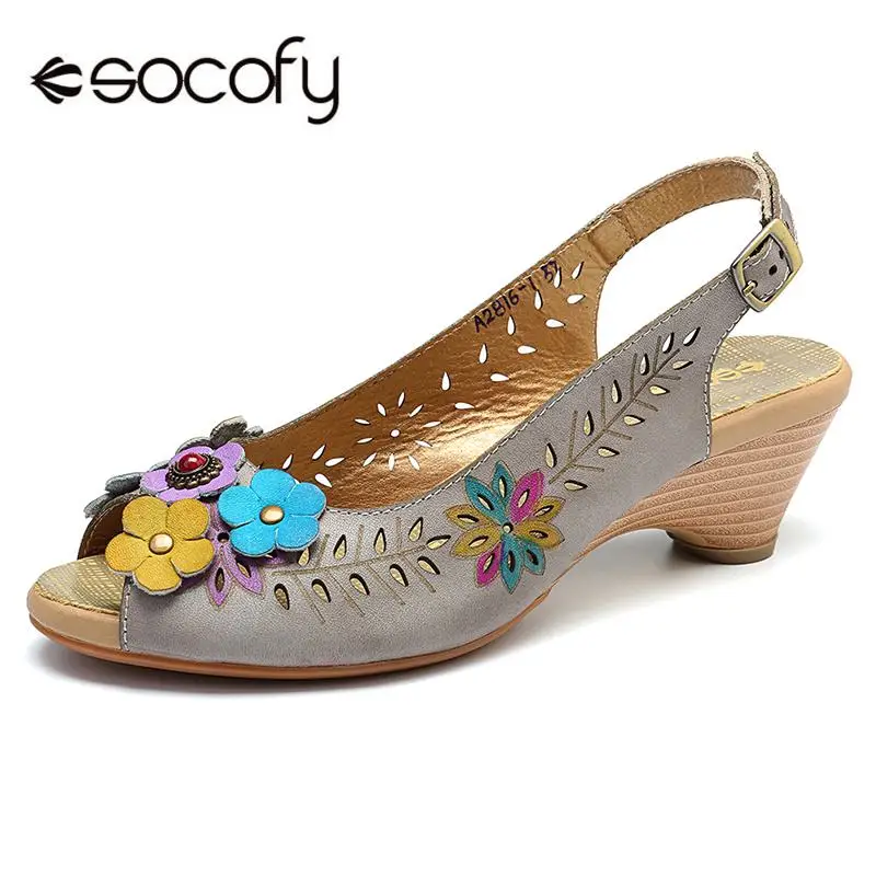 

SOCOFY Hollow Drip Pattern Genuine Leather Hand Painted Floral Soft Buckle Strap Sandals Retro Summer Shoes New Ladies Shoes New
