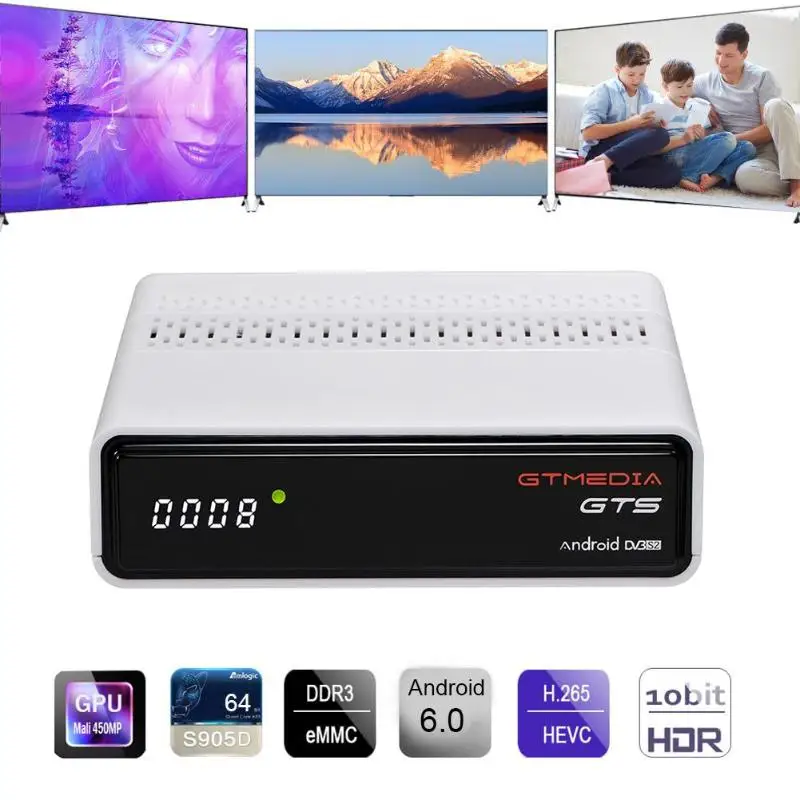GTMedia GTS Satellite TV Receiver DVB-S2/C/T2 ISDBT Amlogic S905D 2/16G Android 6.0 4K/3D/H.265/MPEG-4 Set-top Box Media Player
GTMedia GTS Satellite TV Receiver DVB-S2/C/T2 ISDBT Amlogic S905D 2/16G Android 6.0 4K/3D/H.265/MPEG-4 Set-top Box Media Player
