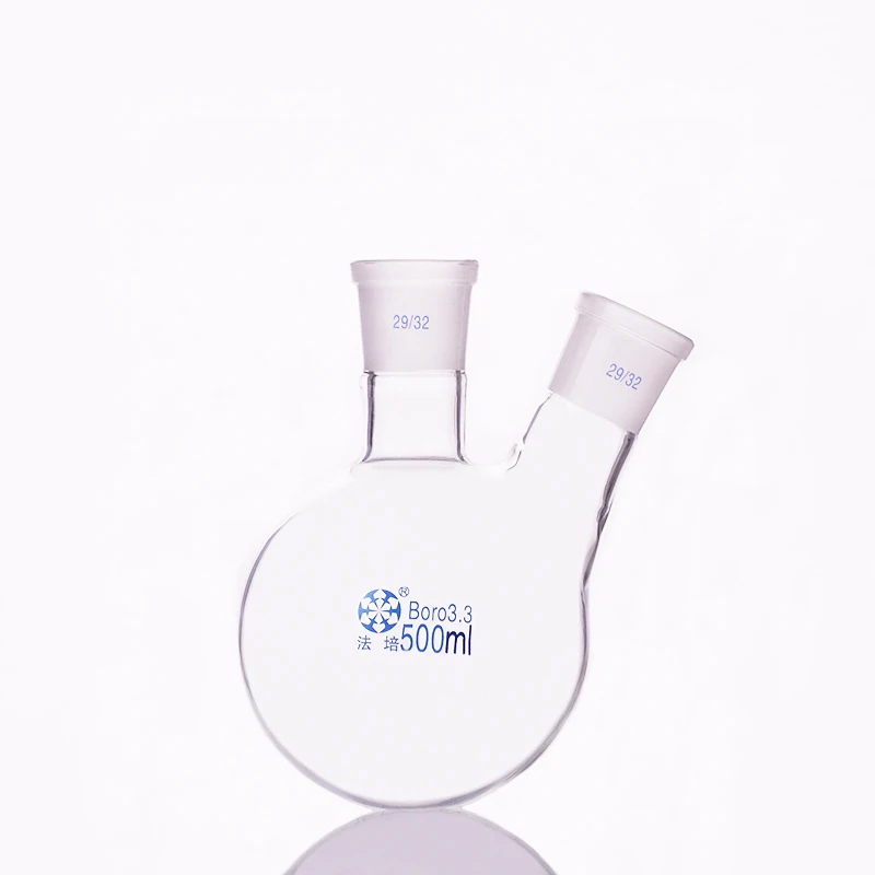 Two-necked flask oblique shape,with two necks standard grinding mouth,Capacity 500ml,Middle joint 29/32 and lateral joint 29/32
Two-necked flask oblique shape,with two necks standard grinding mouth,Capacity 500ml,Middle joint 29/32 and lateral joint 29/32