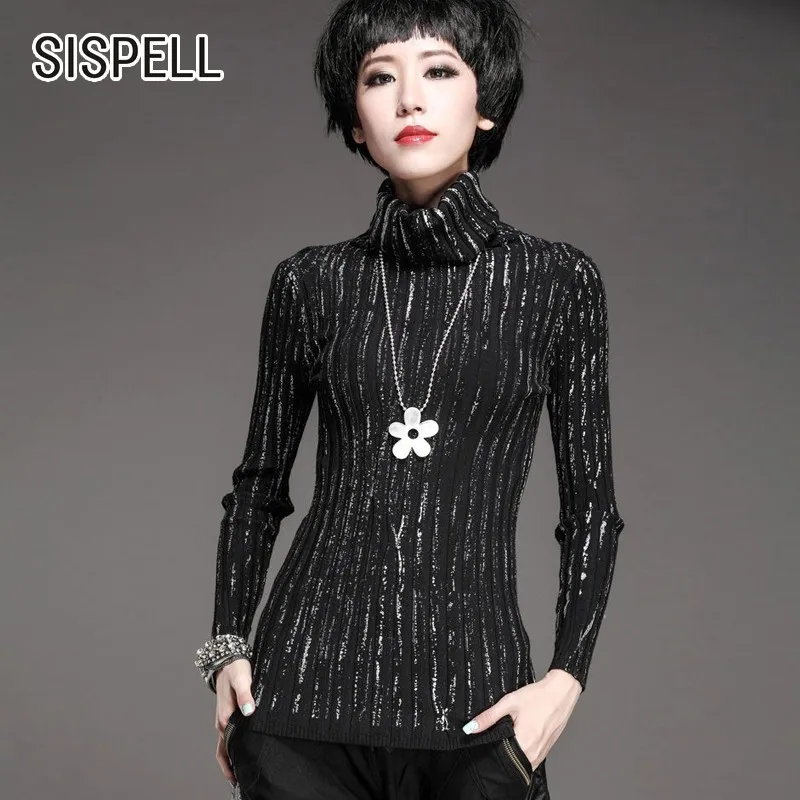 SISPELL Striped Sweater For Women Turtleneck Long Sleeve Slim Knitting Black Pullover Tops Female Autumn Winter Fashion Clothing | Женская