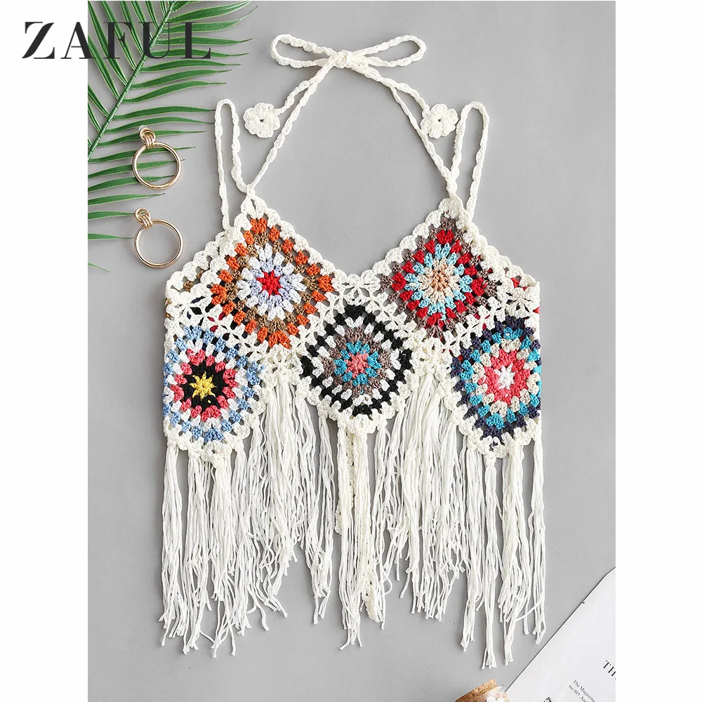 

ZAFUL Summer Plaited Fringed Crochet Tie Cami Top Beach Cover Up Short Beach Dress Spaghetti Strap Beach Tunic Swimwear Women