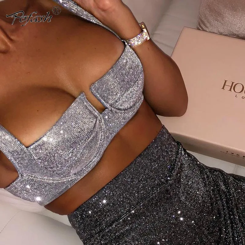 

POFASH Deep V Neck Sexy Crop Top 2019 Silver Strap Short Sequined Tank Tops Women Sleeveless Party Club Summer Cropped Cami