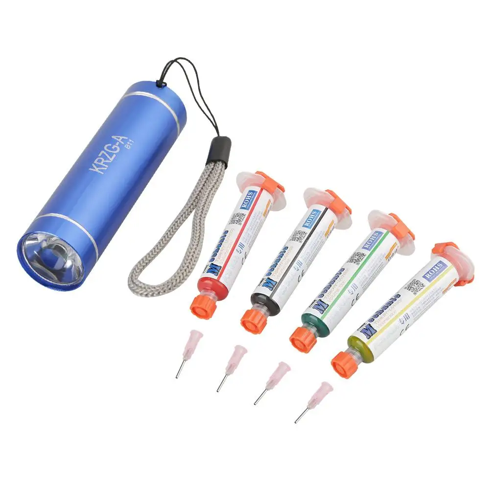 New 4pcs UV Curing Soldering Flux Solder Liquid Paste Repair Tool Set for PCB BGA Board with Heating Curing Flashlight
New 4pcs UV Curing Soldering Flux Solder Liquid Paste Repair Tool Set for PCB BGA Board with Heating Curing Flashlight